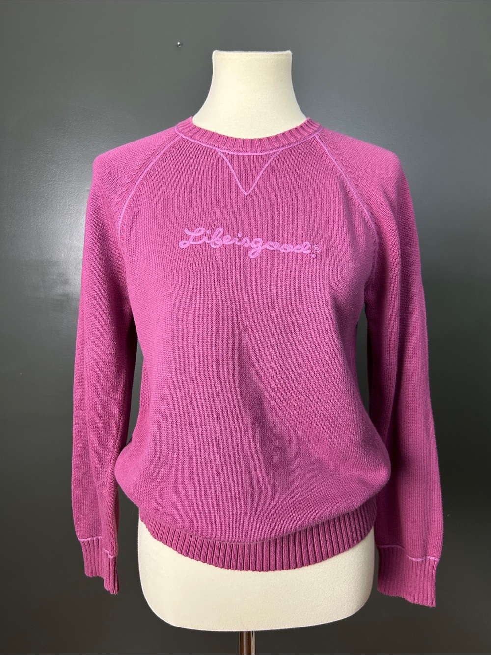 Life Is Good Fuchsia Crewneck Sweater with Script Logo